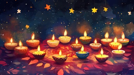 Diwali festival illustration with a range of bright, colorful candles lit against a backdrop of stars and decorative rangoli.