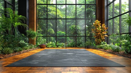A serene indoor garden with large windows showcasing lush greenery and natural light in a contemporary space