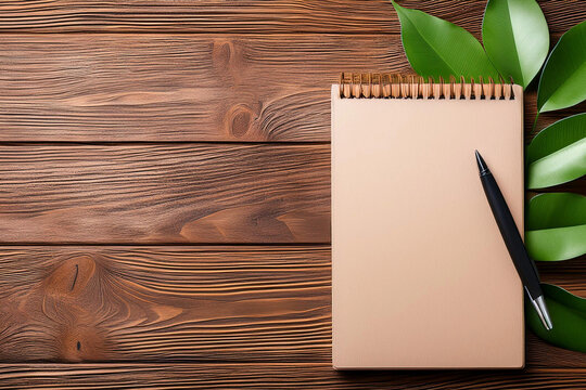 libreta de notas con lapicera sobre fondo de madera, concepto sustentabilidad ecologica, cuidado del medio ambiente, agenda global naturaleza