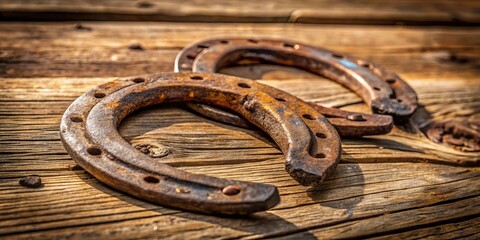 A pair of weathered horseshoes rest upon a weathered wooden surface, their rusted metal a testament to time and use.