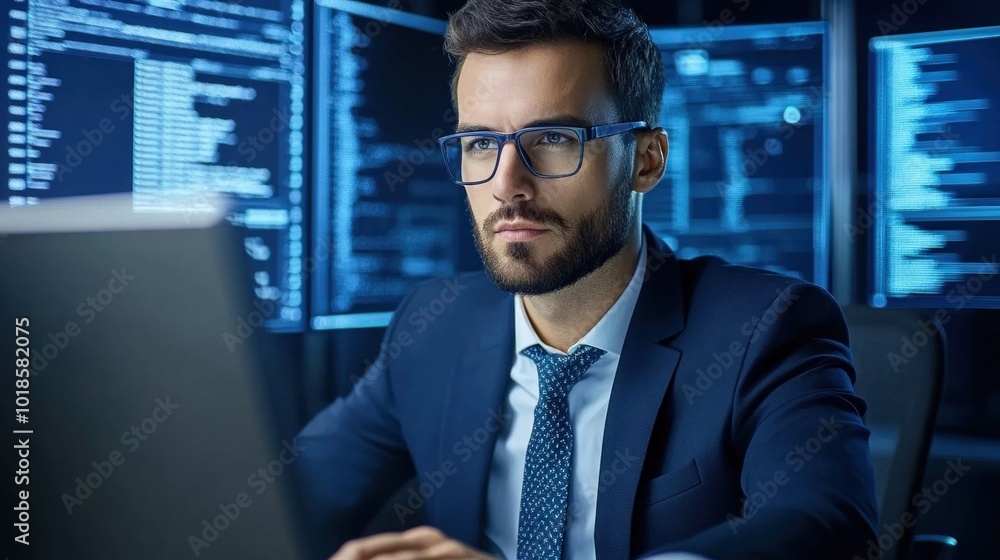Poster the data analyst, dressed in a formal suit, looks intently at the computer screen, deep in thought a