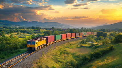 A freight train with vibrant container cars winds through a lush, green landscape at sunset.