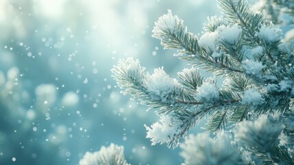 A Snowy Pine Branch Against a Blue and White Blurred Background