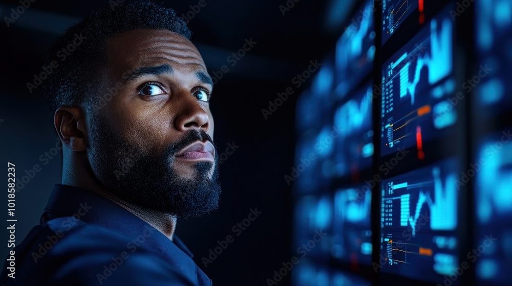 Aufkleber in a contemporary office space, an individual with a beard intently examines various data visualizat