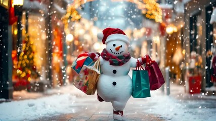 Christmas shopping. Funny snowman running holding holiday shopping bags in shopping street with sparkling lights and falling snow, Joy of Christmas shopping. Movie made using Generative AI. - Powered by Adobe