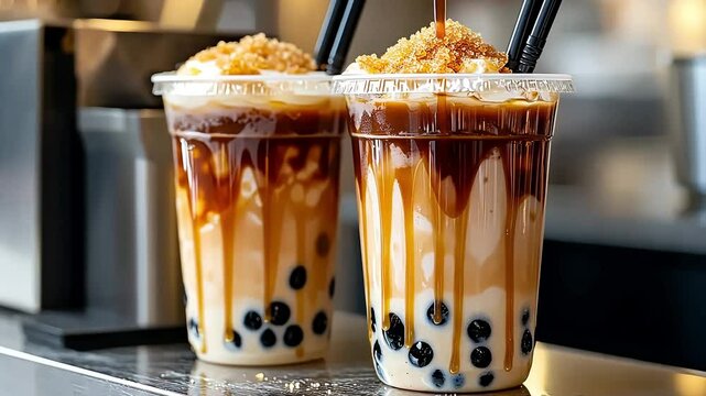 Two glasses of iced tea with tapioca pearls, caramel sauce, and brown sugar on top.