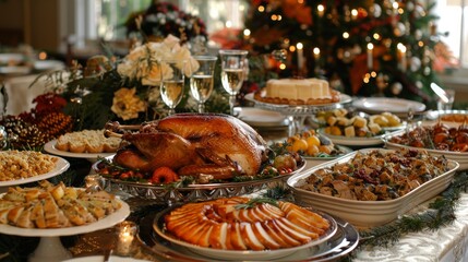 Elegant Thanksgiving table with grilled turkey, festive decor, side dishes, drinks, detailed textures, and cozy lighting creating a warm ambiance