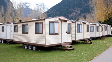 Mobile homes lined up in a trailer park, showcasing alternative housing options for those seeking affordable living spaces