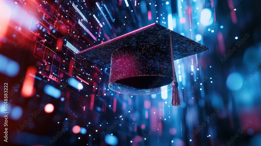 Poster graduation cap hovering in a digital space filled with data points and circuits, representing the fu