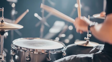 Fototapeta premium A drummer plays a snare with sticks, surrounded by a soft spotlight, creating a dynamic atmosphere in a music performance setting.