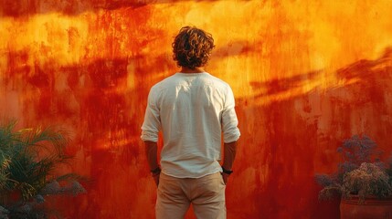 Obraz premium The young man with curly hair gazes at a striking orange wall, surrounded by greenery under the warm glow of the evening sun, creating a peaceful atmosphere