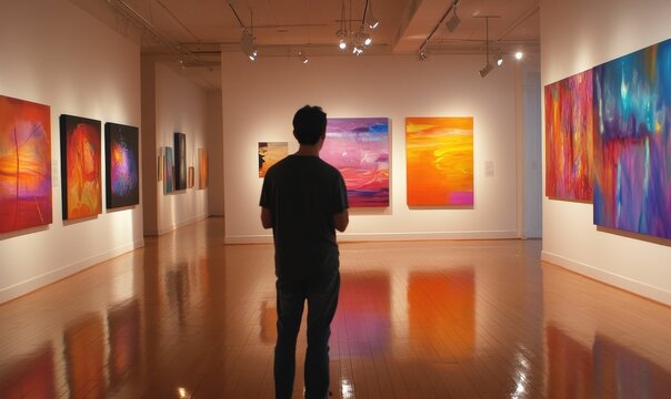 Man admires colorful abstract paintings in gallery.