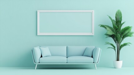 Modern living room featuring a light blue sofa against a pastel wall, with a decorative plant for an inviting ambiance.
