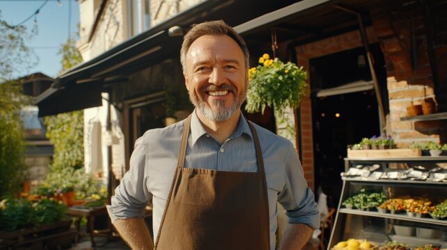 The shop owner greets customers with a friendly smile outside his produce store, surrounded by colorful fruits and vegetables on a bright, inviting day