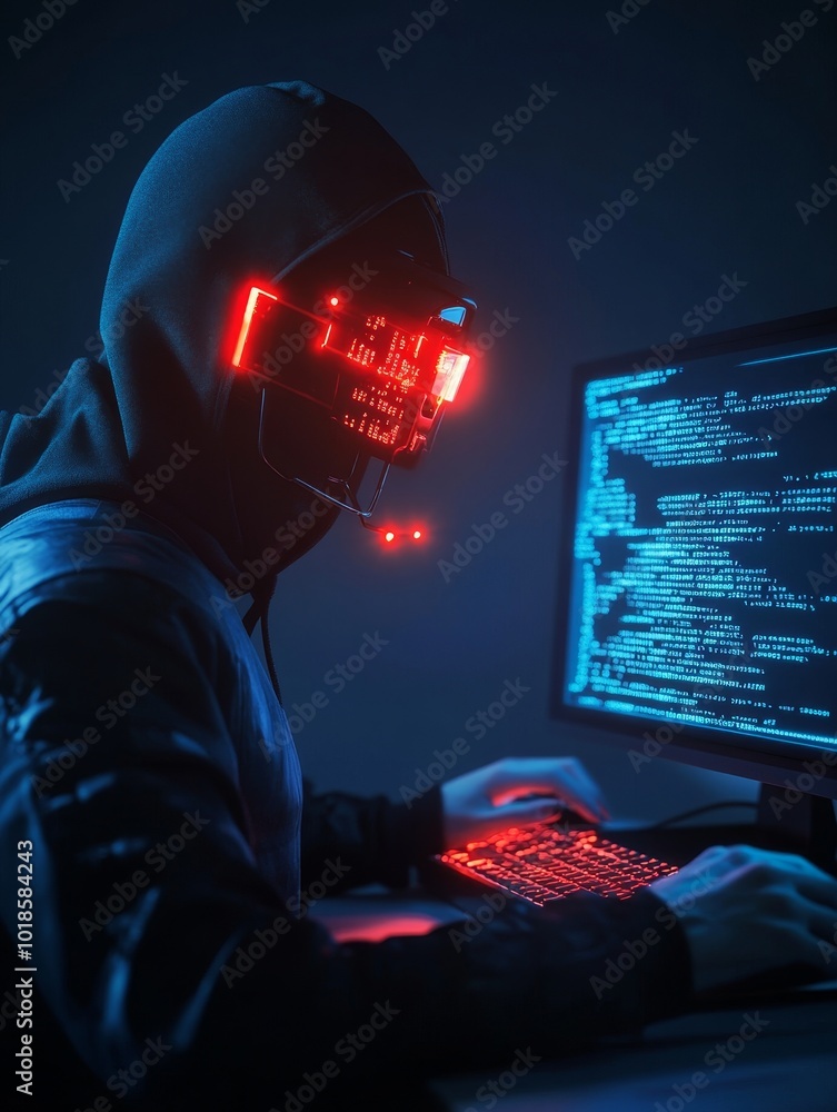 Canvas Prints Cyberpunk Hacker in a Dark Digital World Typing -  A hooded figure with glowing red eyes sits in front of a computer screen displaying code, symbolizing technology, privacy, hacking, cyberpunk