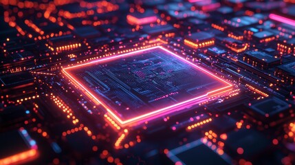 Obraz premium Neon-Lit Circuit Board with Glowing Pink Square