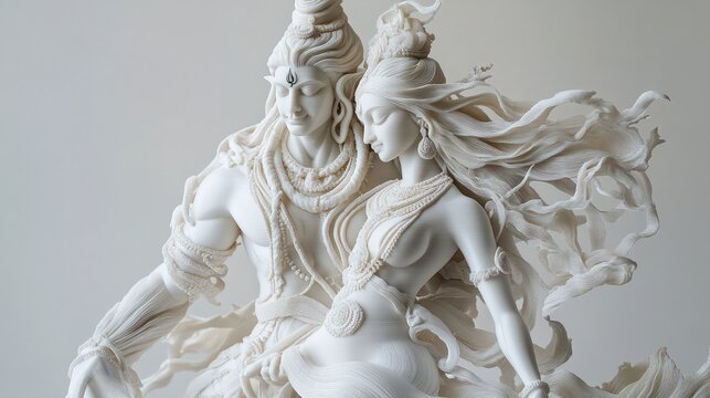 A modern 3D printed sculpture of Lord Shiva and Parvati together, with abstract details and flowing lines, printed from eco-friendly materials to symbolize balance and love in a contemporary form