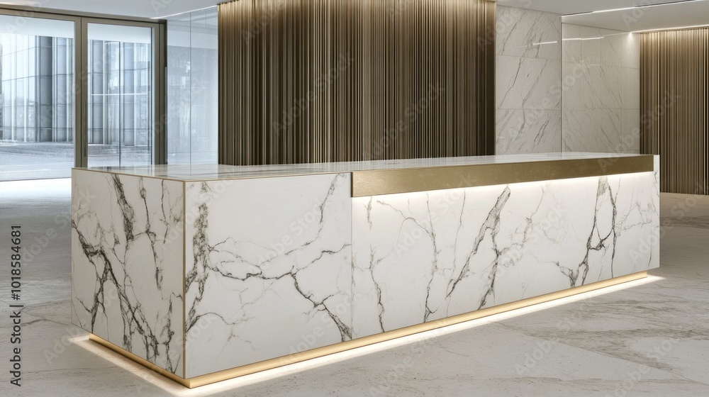 Poster a sleek reception desk made of polished marble features elegant lines and a warm glow from the embed