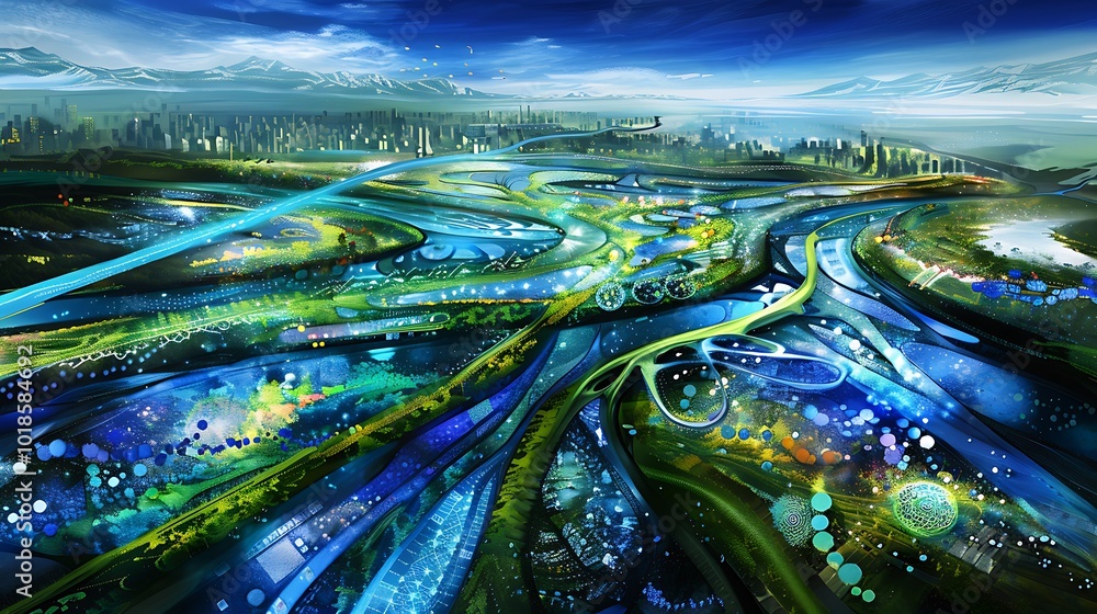 Poster digital rivers merging into a seamless flow of global data exchange.