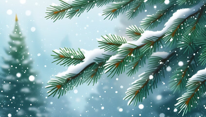 evergreen christmas tree branches covered snow falling snowflakes creating cozy winter scene