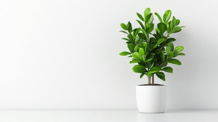 Obraz premium A lush indoor plant displays its vibrant leaves from a sleek white pot, creating an inviting ambiance on a simple surface in a light-filled space