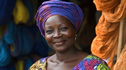 Fototapeta premium The vibrant market showcases a woman in a beautifully patterned dress, wearing a matching head wrap, exuding joy as she interacts with customers in her stall