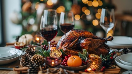 Festive Thanksgiving table setting with grilled turkey centerpiece, elegant decorations, side dishes, drinks, and cozy lighting for a warm and inviting atmosphere