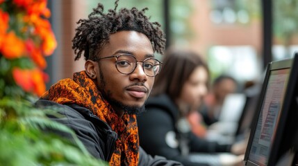 A young man with glasses is intently engaged in his computer work, surrounded by colorful plants and fellow students in a lively university setting during the day