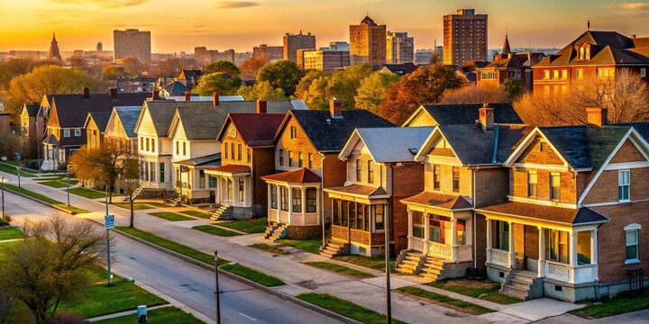 Afternoon light shining on housing near downtown in Gary, Indiana, USA