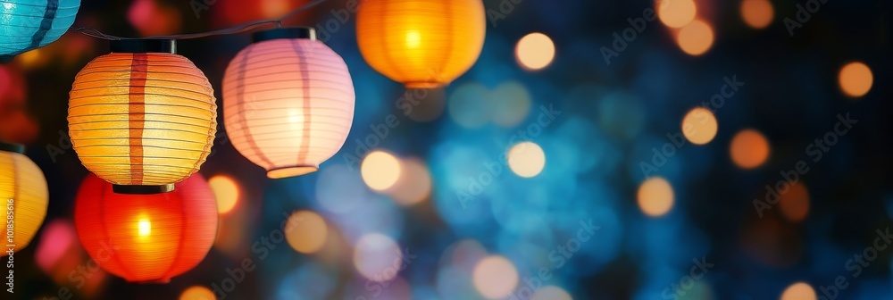 Poster Illuminated Paper Lanterns Hanging at Night, creating a magical ambiance with warm light, symbolizing celebration, joy, hope, and togetherness.