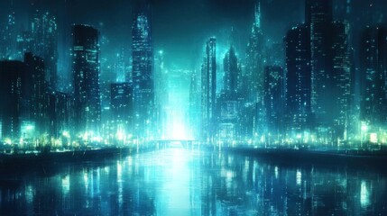The vibrant skyline of a futuristic city glows with neon lights, as raindrops create a shimmering effect on the water's surface, creating a captivating nighttime atmosphere