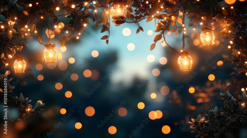 Poster string of lights hanging from branches with bokeh background