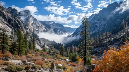 A View of a Mountain Valley with Fog and Autumn Colors