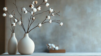 Elegant white ceramic vases filled with delicate cotton branches create a serene, minimalist display against a soft gray background, evoking rustic charm.