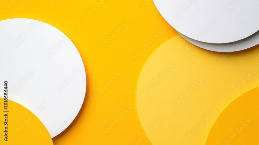 Poster a vibrant yellow background showcases multiple overlapping white circles, varying in size, producing