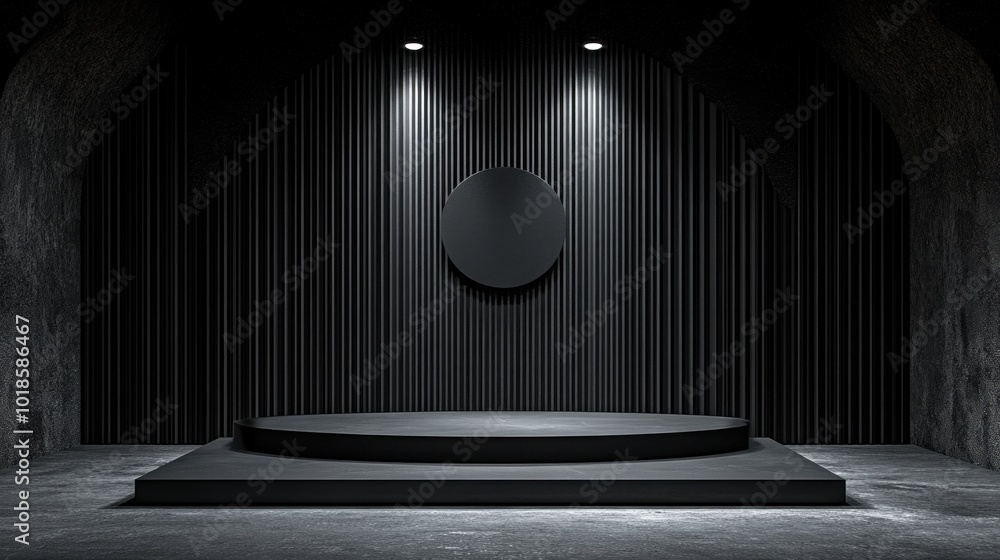 Poster the setting showcases a minimalist stage with a circular backdrop, illuminated by soft overhead ligh