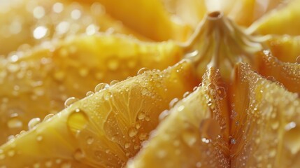 Detailed view of a jackfruit slice, pure white background, beads of moisture, frosted glass effect, vibrant and sharp, macro focus.