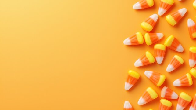 Bright and festive candy corn scattered across a pastel orange background, creating a fun and light-hearted Halloween vibe.
