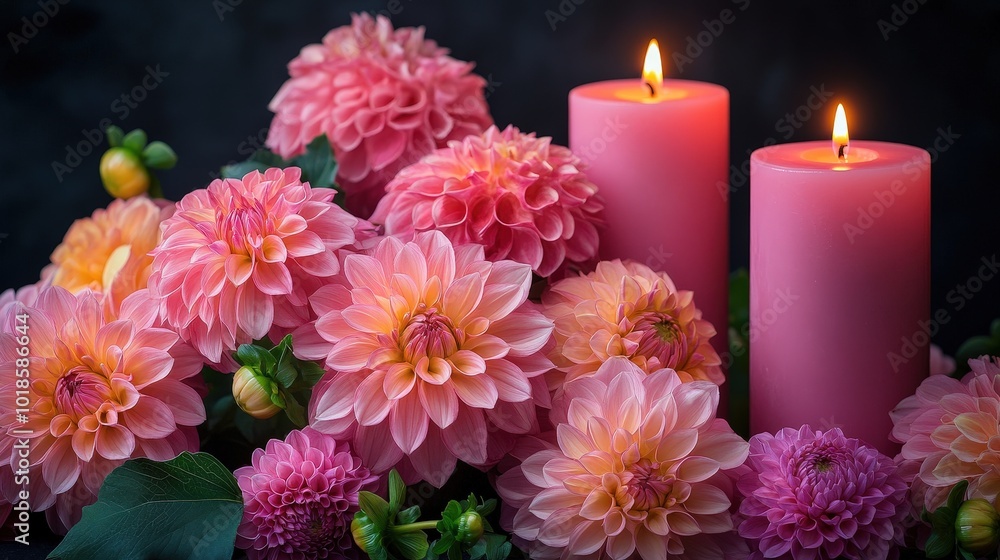 Canvas Prints A vibrant display features lush pink dahlias alongside two lit candles, evoking a calming atmosphere perfect for relaxation or special occasions