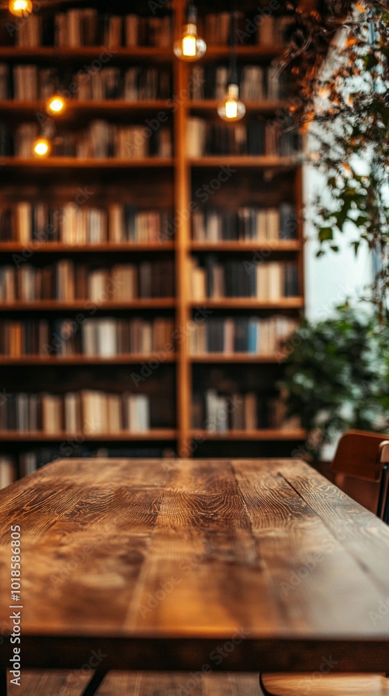 Poster cozy library nook with rustic wooden table in foreground, warm lighting illuminating bookshelves, cr