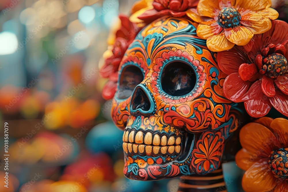 Poster a beautifully crafted skull covered in vibrant colors and intricate patterns, decorated with bright 