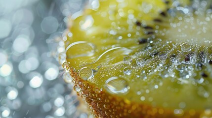 Detailed view of a kiwi slice, plain white background, glistening water drops, frosted glass effect, bright and intricate, macro shot.