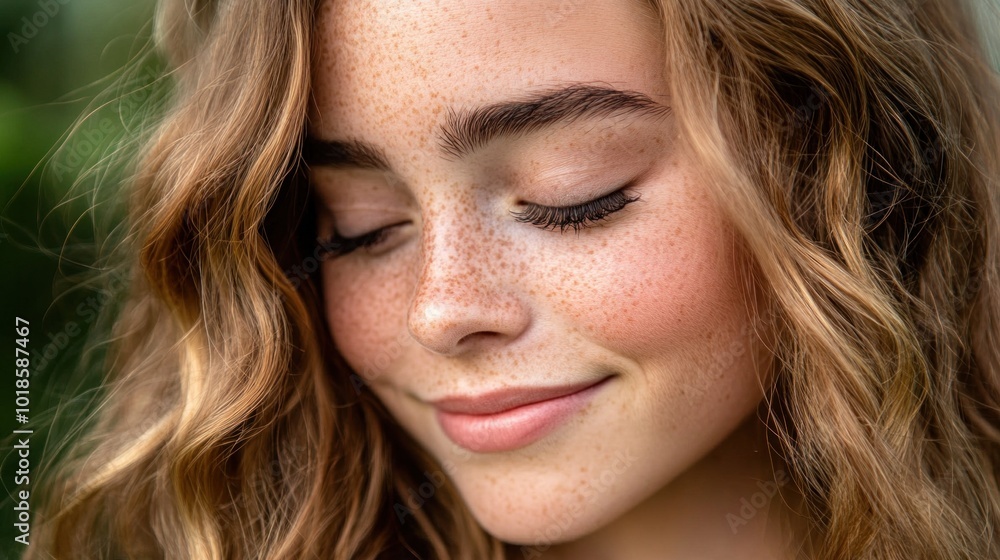 Wall mural a girl with curly, flowing hair and charming freckles gently smiles, capturing the warmth of the mom