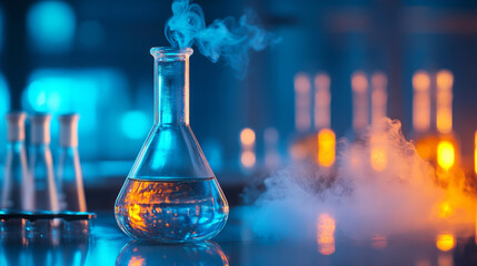 A glass flask filled with a solution sits in a science lab. The background shows test tubes and a swirling cloud of smoke.