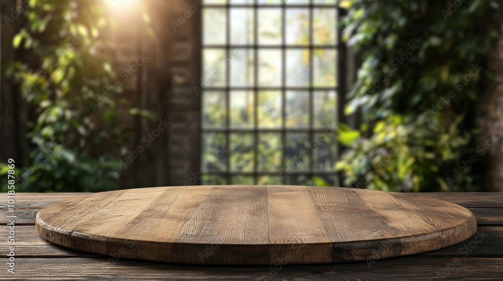Aufkleber a rustic wooden serving board rests on a weathered table. sunlight streams through large windows, il