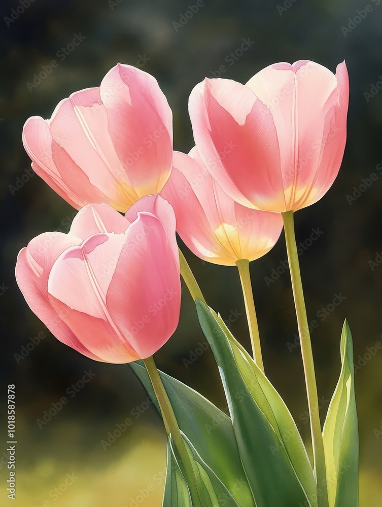 Wall mural Vibrant Pink Tulips Watercolor Painting, delicate beauty, floral art, nature's grace, spring bloom