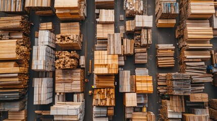 The timber yard features a vast arrangement of various types of lumber and building materials, neatly stacked for distribution and ready for construction projects