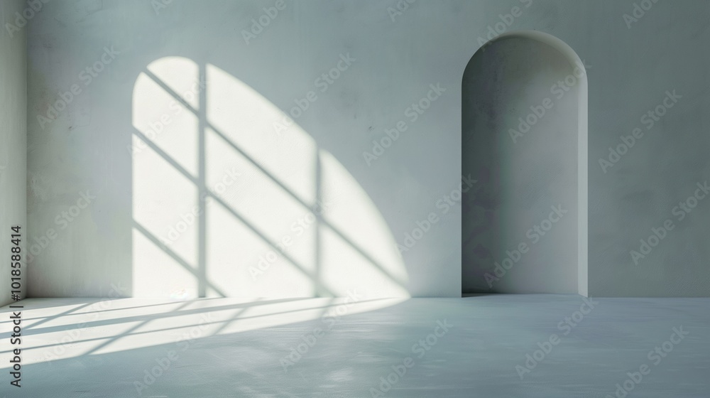 Poster bright sunlight filters through a window, creating abstract patterns of shadows on the smooth floor 