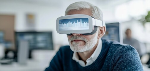 An elderly man wearing virtual reality goggles, engaged in an immersive digital experience, surrounded by modern office equipment, showcasing innovation in technology.