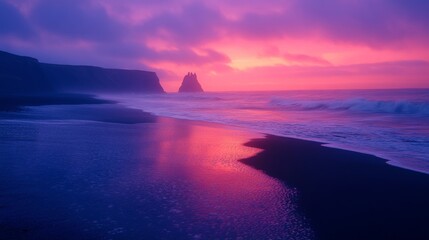 Fototapeta premium Black Sand Beach at Sunset with Dramatic Rock Formations and Pink Sky